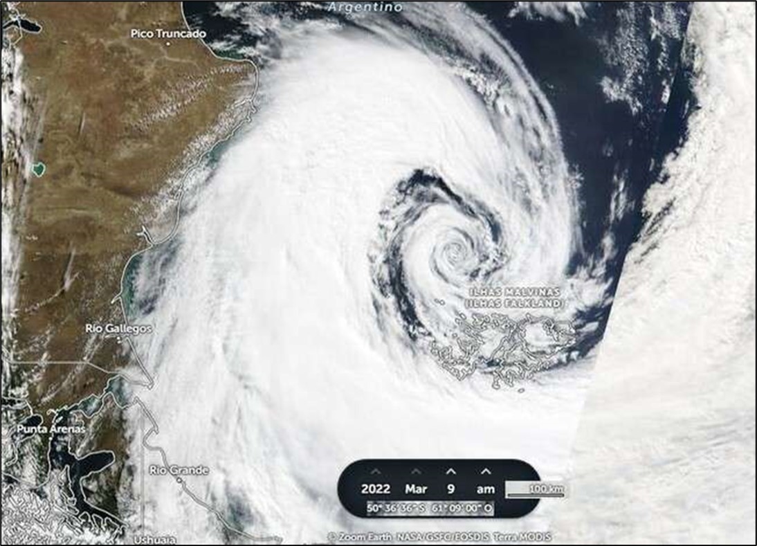  Satellite image of Powerful extratropical cyclone over the Falkland Islands in this      Wednesday, March 9, 2022 am. Source: 28, 29.