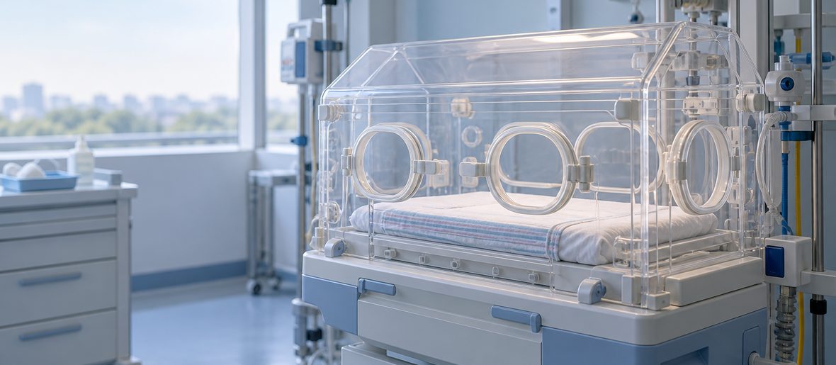 Conceptual editorial illustration: an empty neonatal incubator in a daylit care bay, showing the transparent canopy, the access portholes, the mattress platform and the support fixtures beside it. No infant and no clinician are present.