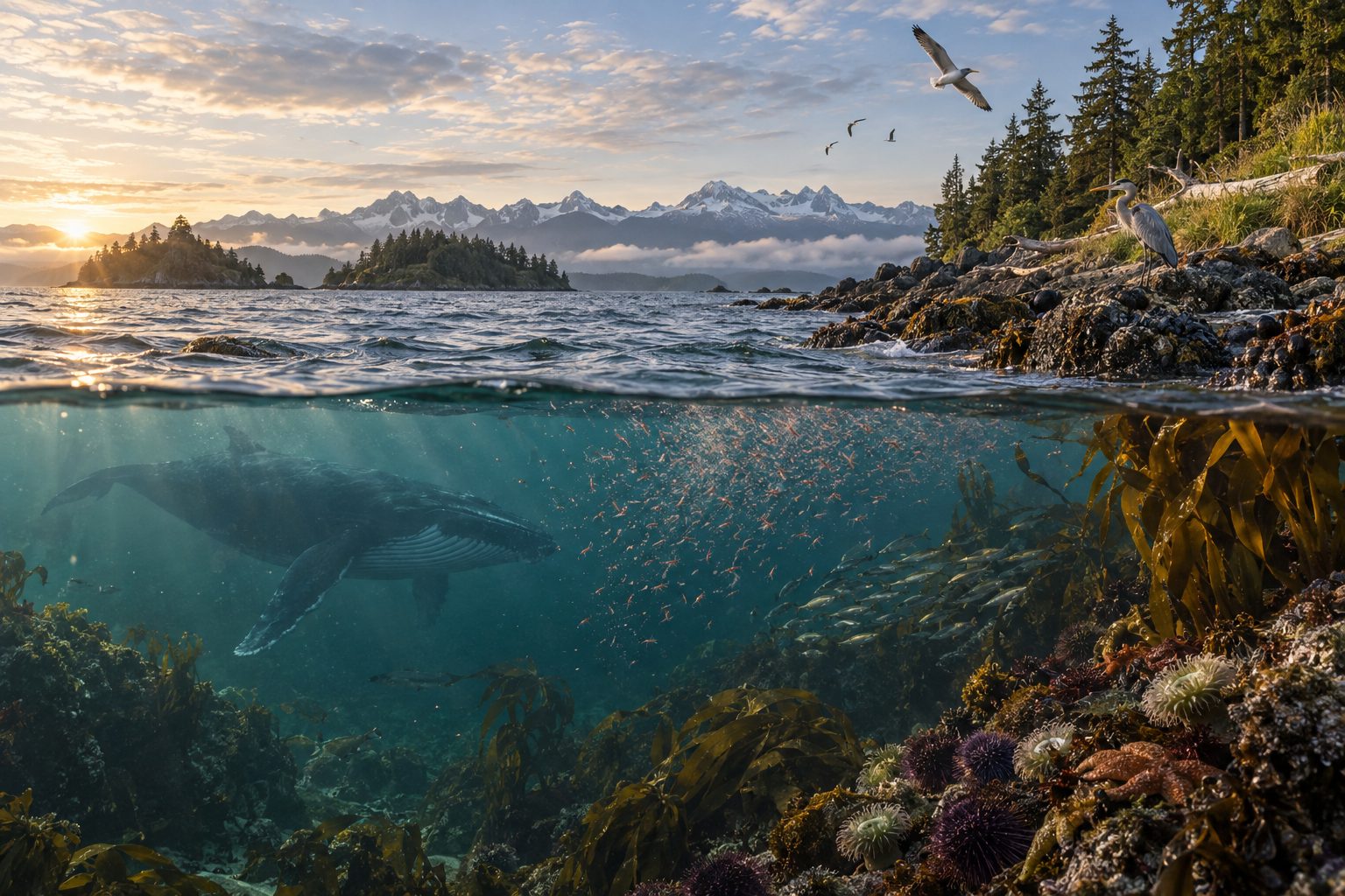 Conceptual illustration of a temperate coastal system seen at the waterline: conifers and a heron on a rocky shore, gulls above, and below the surface a baleen whale, a swarm of small prey, kelp, urchins and sea stars.